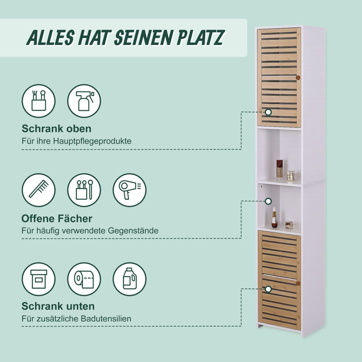 Dulap baie inalt 190 cm – Dulap vertical ingust cu rafturi si usi din bambus, Relaxdays - imagine 2