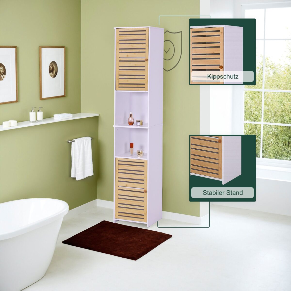Dulap baie inalt 190 cm – Dulap vertical ingust cu rafturi si usi din bambus, Relaxdays - imagine 4