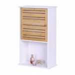 Dulap baie suspendat alb cu bambus, 3 rafturi reglabile, 70 x 40 x 20 cm, Relaxdays