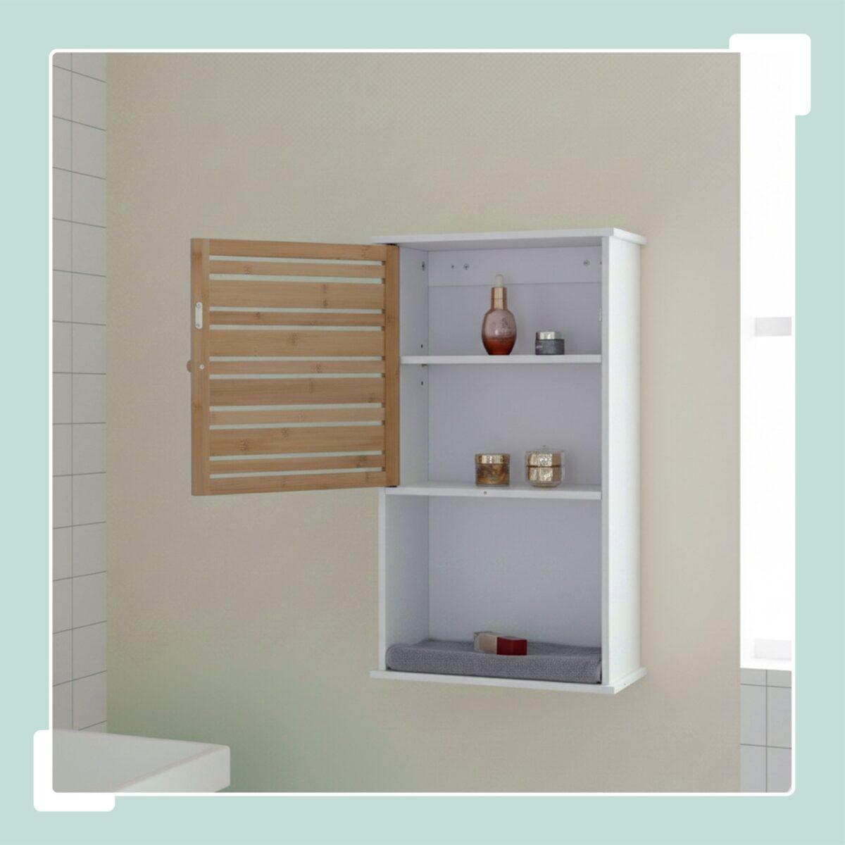 Dulap baie suspendat alb cu bambus, 3 rafturi reglabile, 70 x 40 x 20 cm, Relaxdays - imagine 2