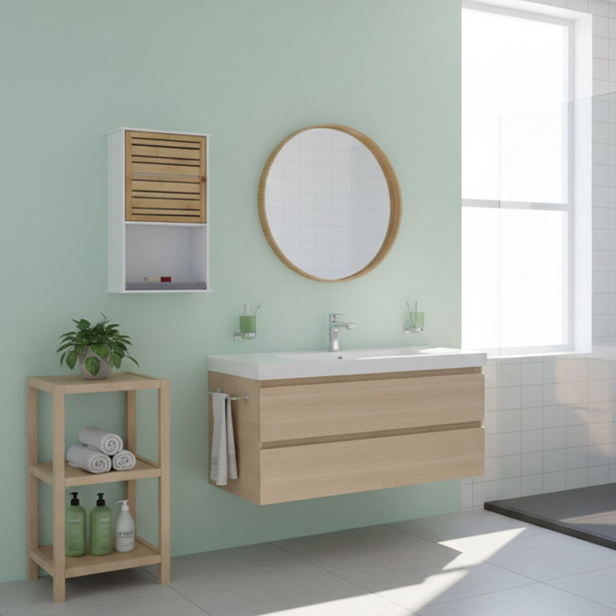 Dulap baie suspendat alb cu bambus, 3 rafturi reglabile, 70 x 40 x 20 cm, Relaxdays - imagine 3