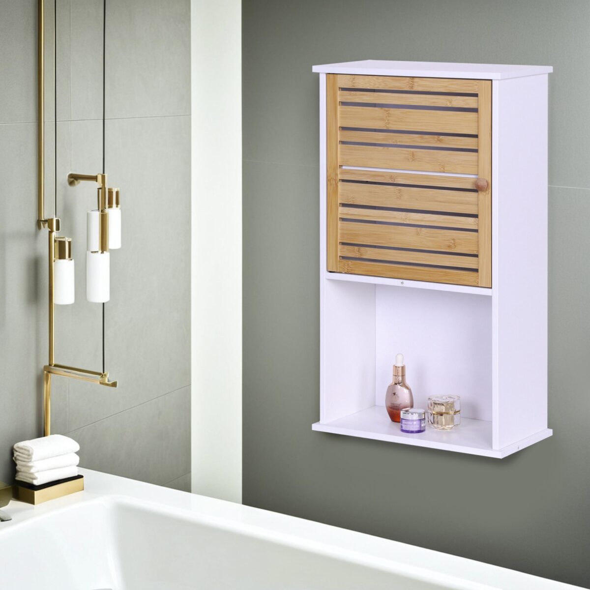 Dulap baie suspendat alb cu bambus, 3 rafturi reglabile, 70 x 40 x 20 cm, Relaxdays - imagine 7