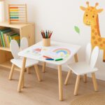 Masa si 2 Scaune Copii cu Spatar Urechi de Iepuras – Mobilier Alb-Natur, 3 Piese cu Picioare din Lemn - imagine 8