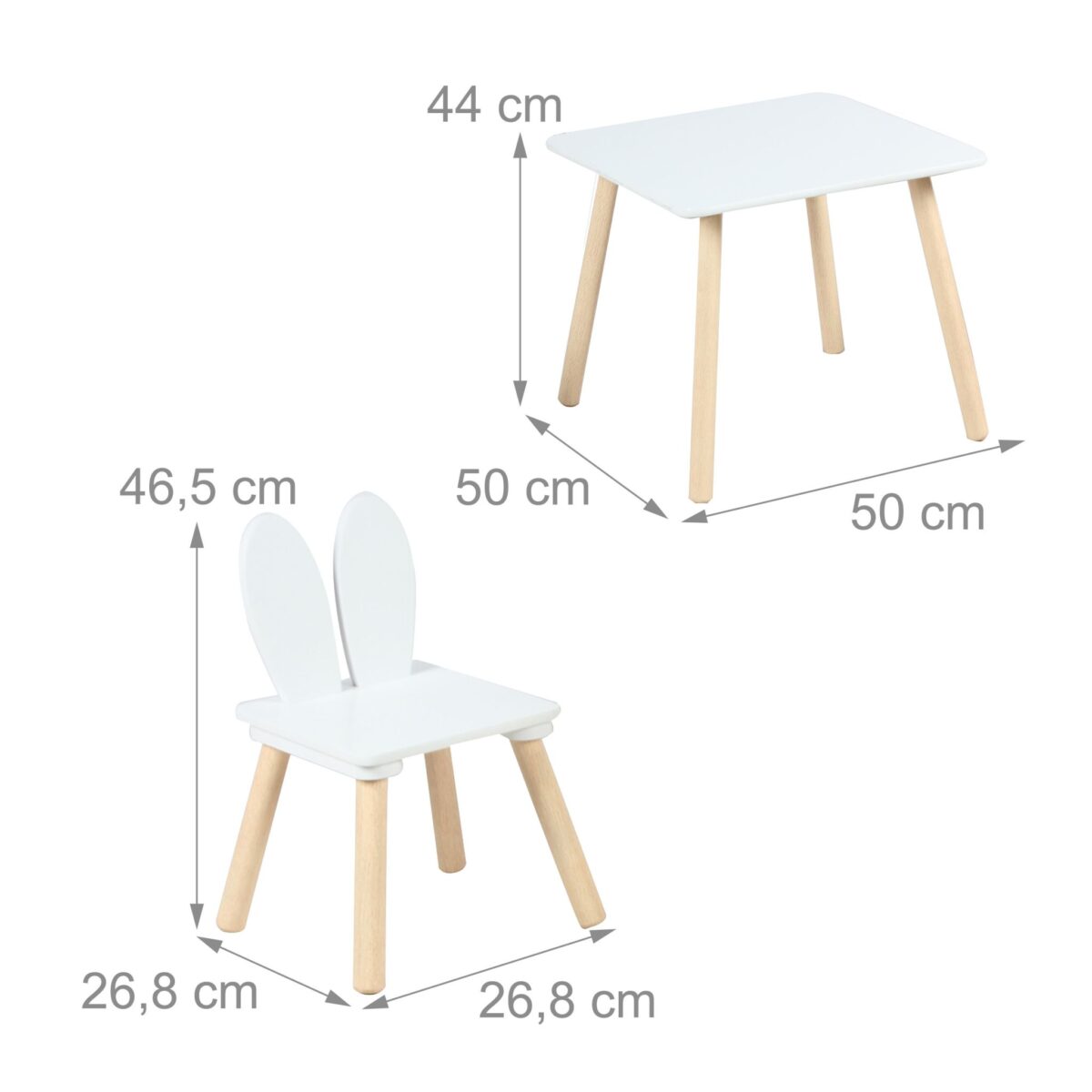 Masa si 2 Scaune Copii cu Spatar Urechi de Iepuras – Mobilier Alb-Natur, 3 Piese cu Picioare din Lemn - imagine 6