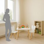 Masa si 2 Scaune Copii cu Spatar Urechi de Iepuras – Mobilier Alb-Natur, 3 Piese cu Picioare din Lemn - imagine 5