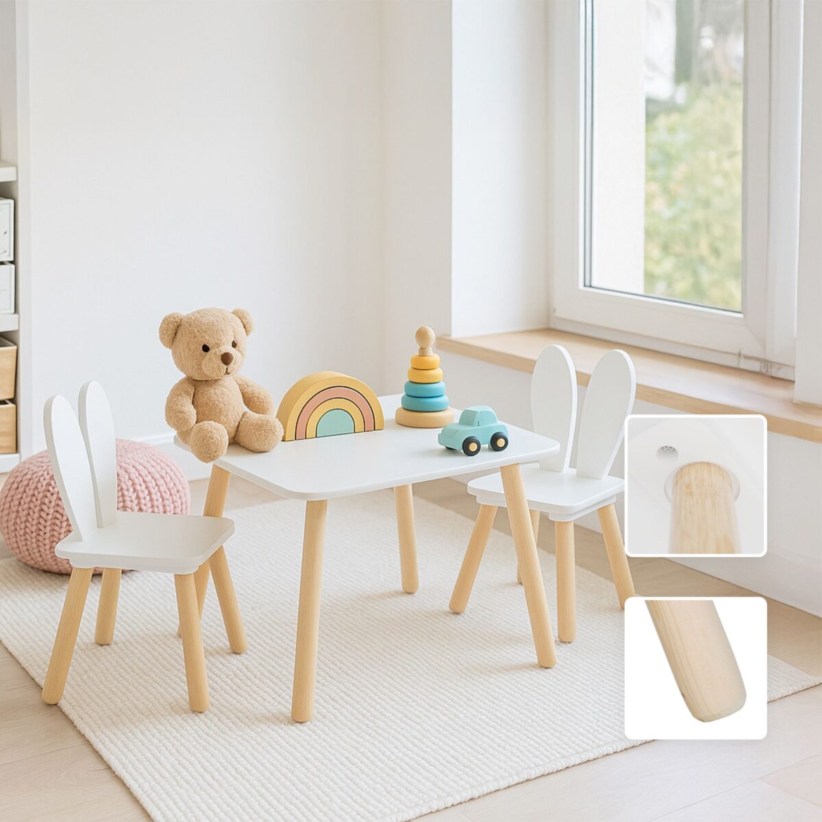 Masa si 2 Scaune Copii cu Spatar Urechi de Iepuras – Mobilier Alb-Natur, 3 Piese cu Picioare din Lemn - imagine 4