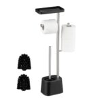 Suport hârtie igienică din inox cu poliță, perie WC și suport pentru rezerve, Negru