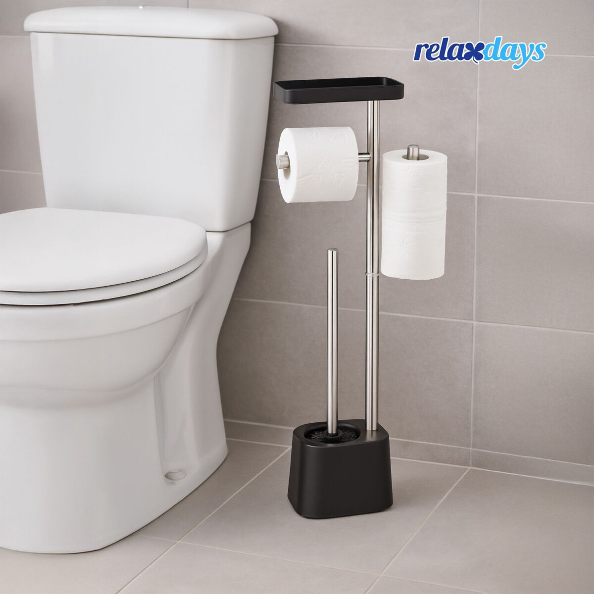 Suport hârtie igienică din inox cu poliță, perie WC și suport pentru rezerve, Negru - imagine 3