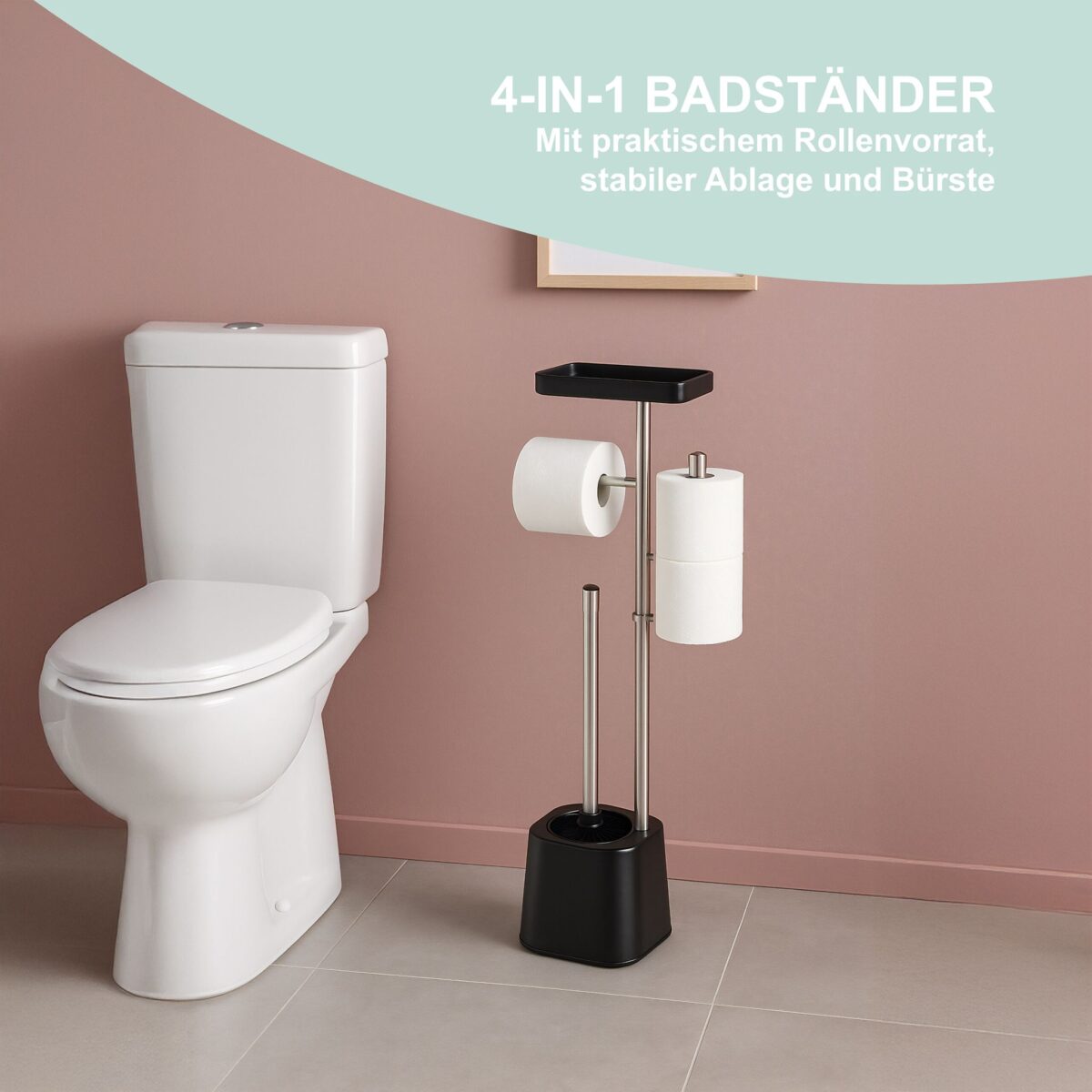 Suport hârtie igienică din inox cu poliță, perie WC și suport pentru rezerve, Negru - imagine 2