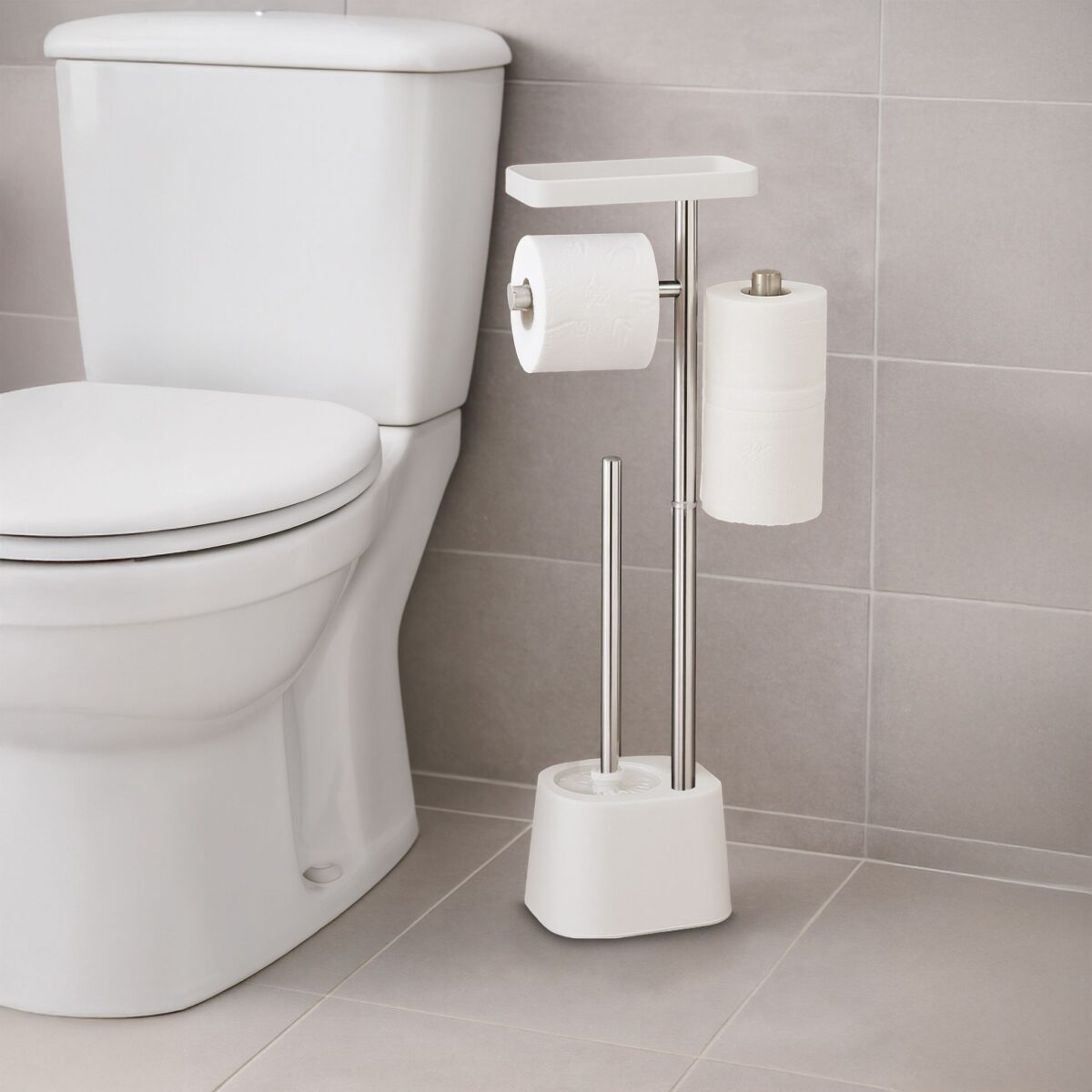 Suport hârtie igienică din inox cu poliță, perie WC și suport pentru rezerve, Alb - imagine 3