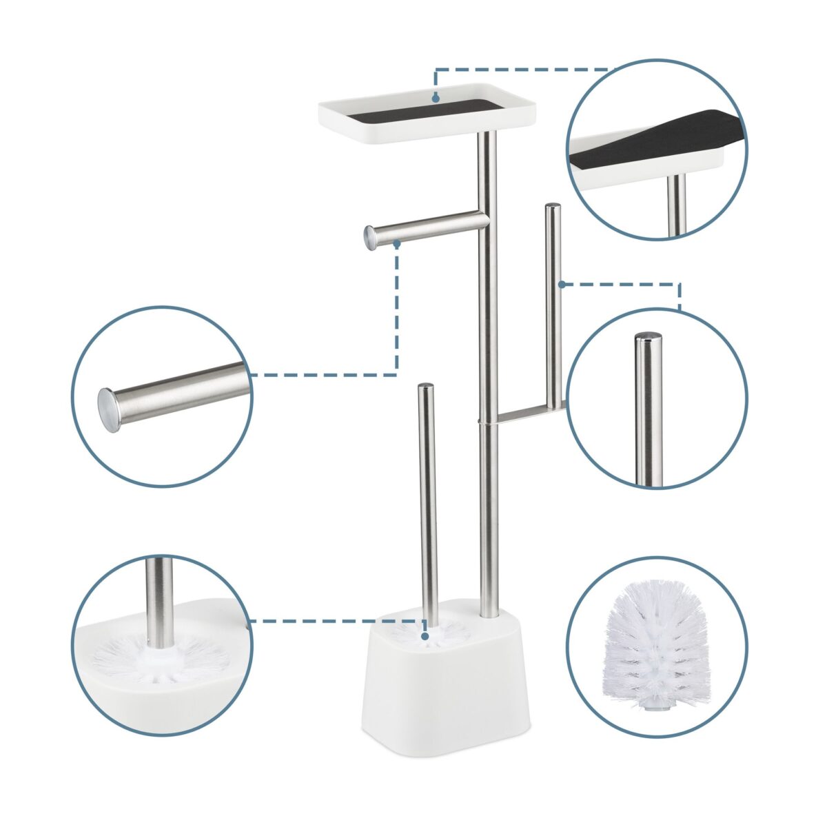 Suport hârtie igienică din inox cu poliță, perie WC și suport pentru rezerve, Alb - imagine 4
