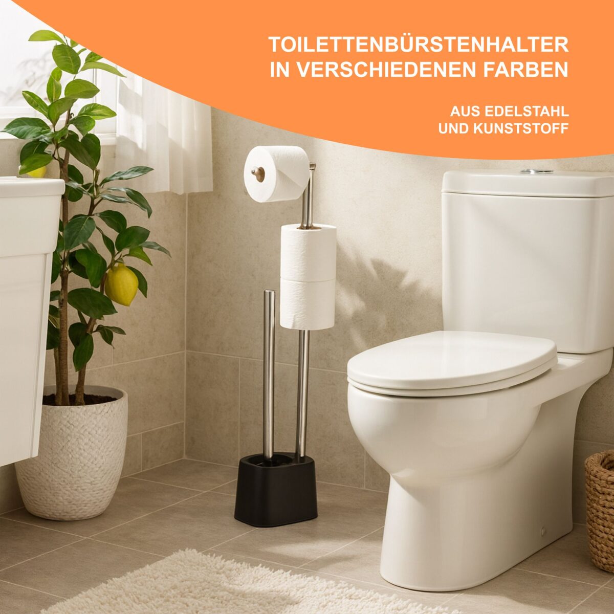 Set toaleta din inox – suport hârtie igienică & perie toaletă, Negru - imagine 3