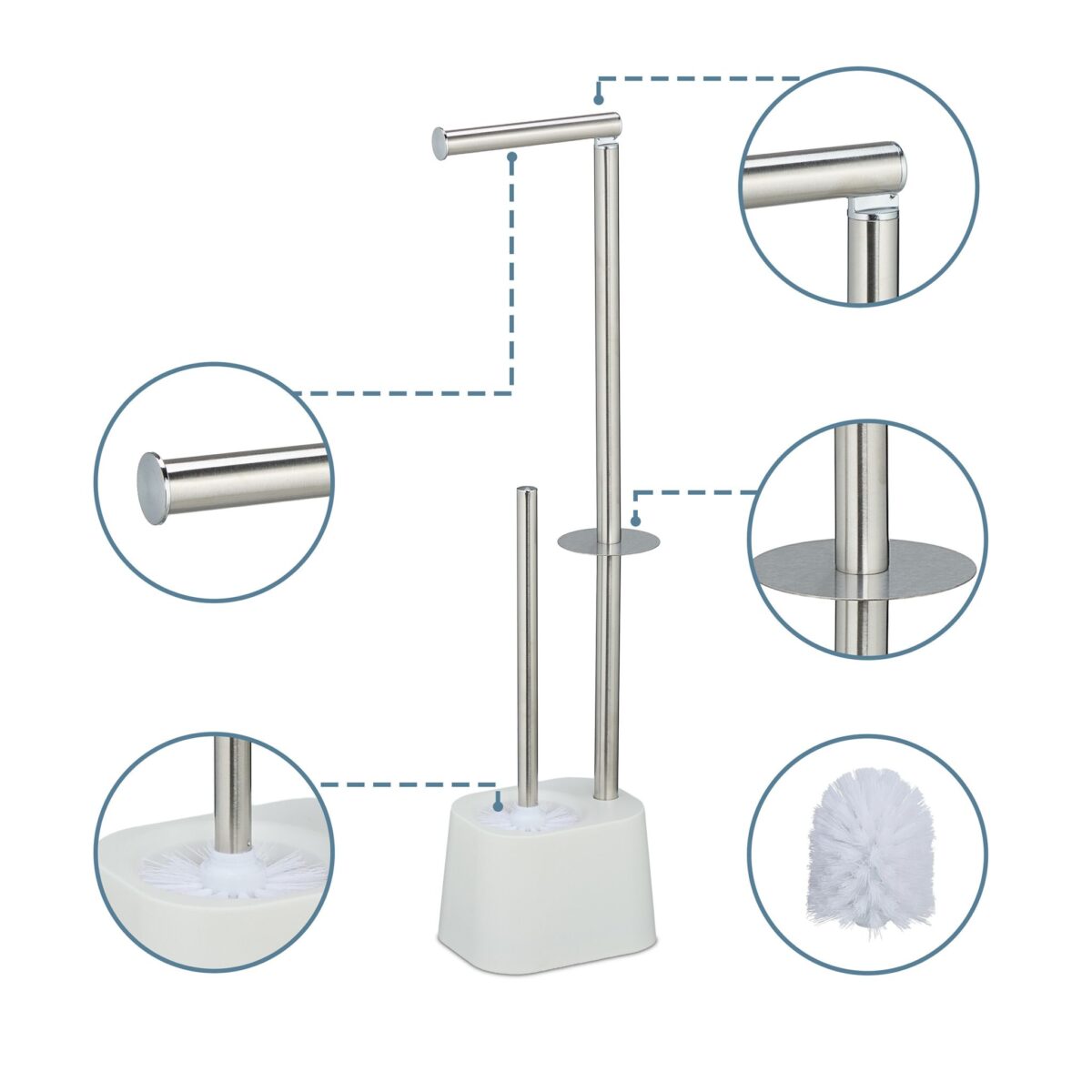 Set toaleta din inox – suport hârtie igienică & perie toaletă, Alb - imagine 6