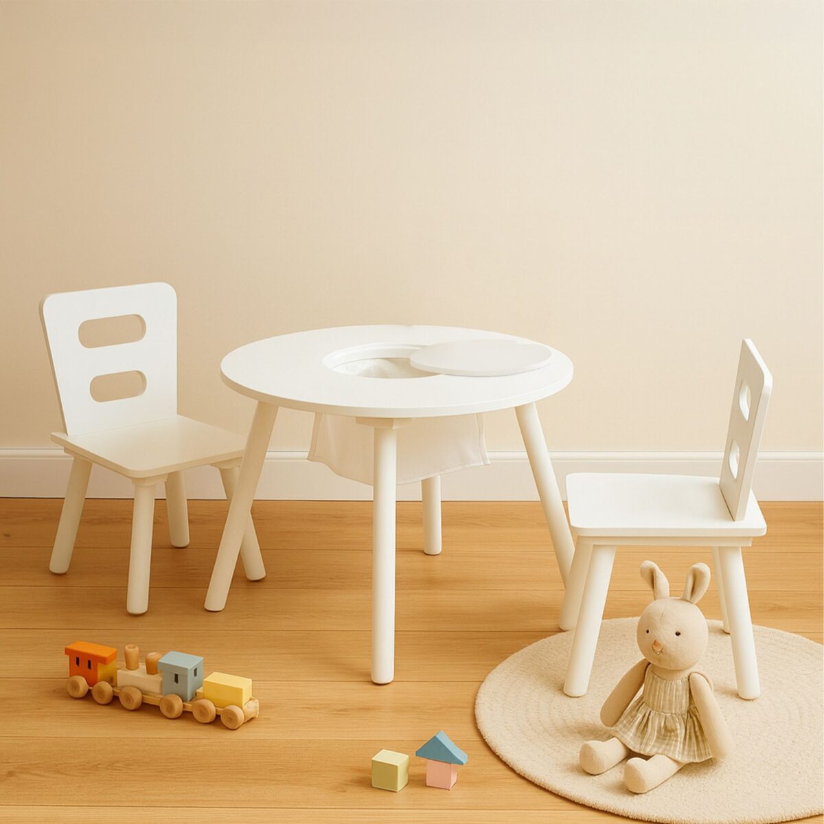 Set Masa cu 2 Scaune pentru copii - Mobilier alb copii, Spatiu de Depozitare si Scaune Ergonomice - imagine 2
