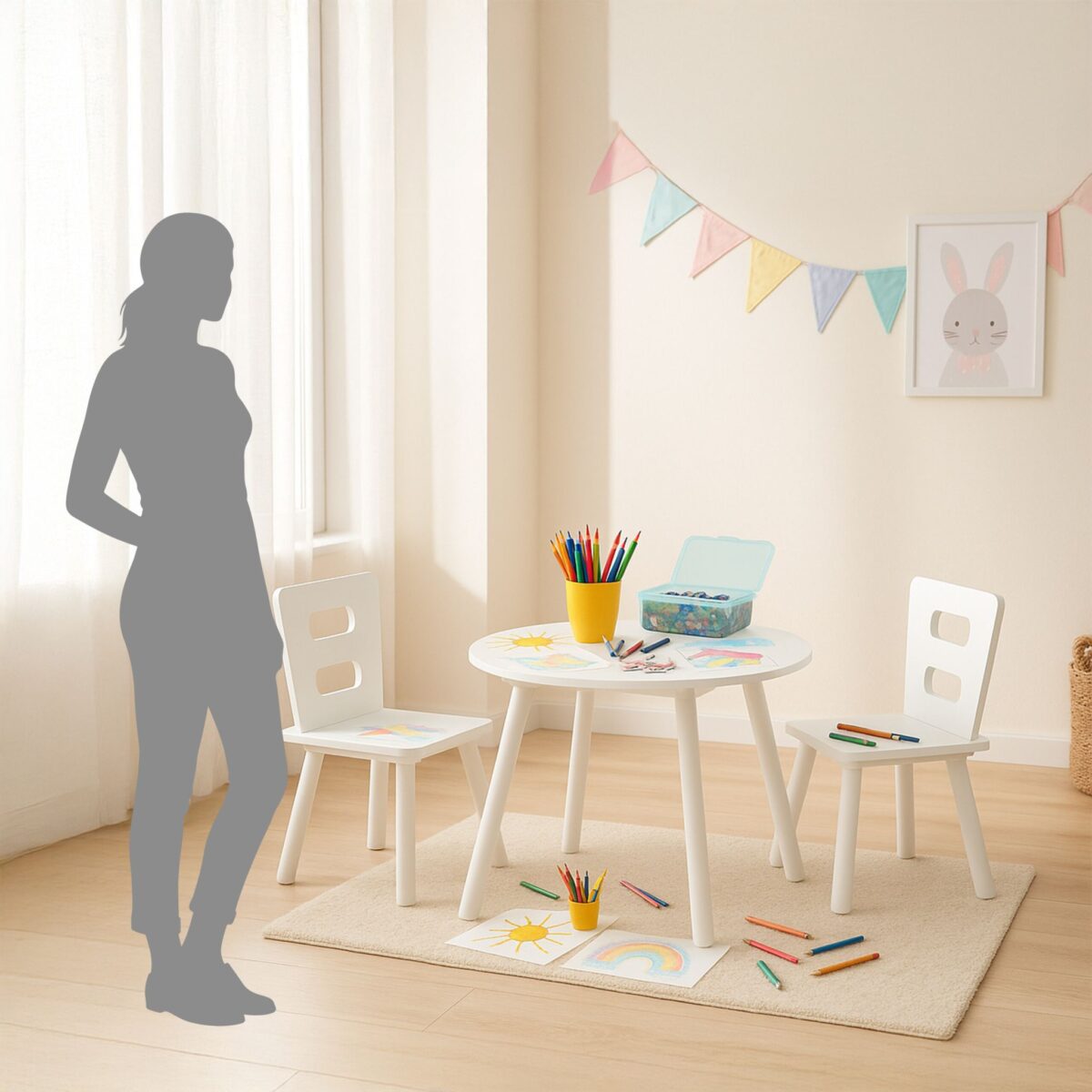 Set Masa cu 2 Scaune pentru copii - Mobilier alb copii, Spatiu de Depozitare si Scaune Ergonomice - imagine 7