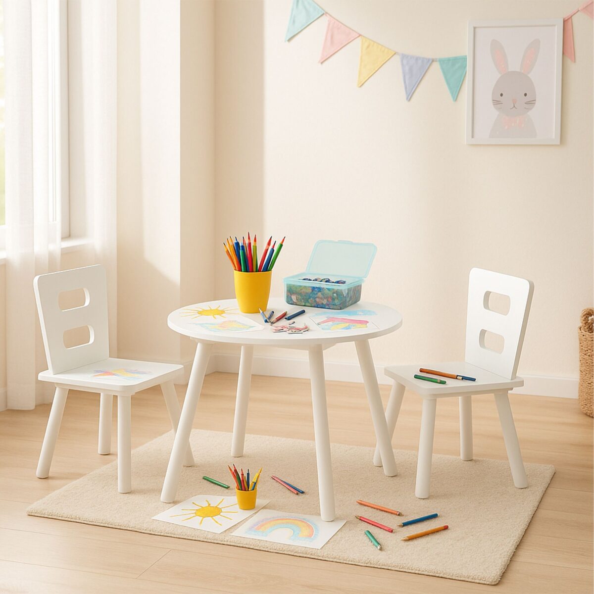 Set Masa cu 2 Scaune pentru copii - Mobilier alb copii, Spatiu de Depozitare si Scaune Ergonomice - imagine 4