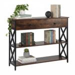 Masuta consola cu sertar si 3 rafturi – Design industrial cu cadru metalic negru si blat maro, 80 x 100 x 30 cm