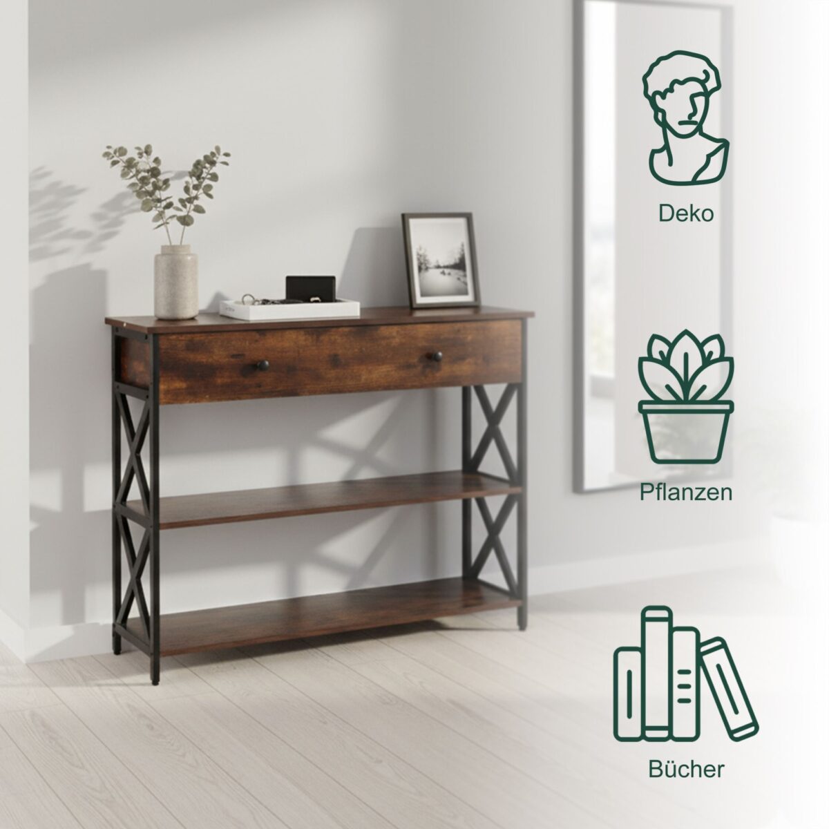Masuta consola cu sertar si 3 rafturi – Design industrial cu cadru metalic negru si blat maro, 80 x 100 x 30 cm - imagine 2