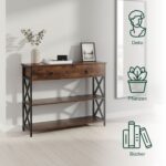 Masuta consola cu sertar si 3 rafturi – Design industrial cu cadru metalic negru si blat maro, 80 x 100 x 30 cm - imagine 2