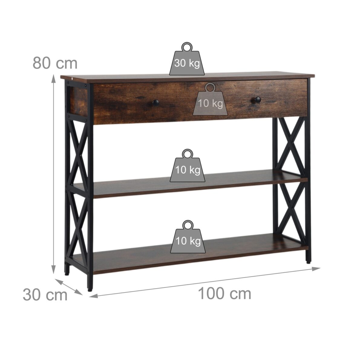 Masuta consola cu sertar si 3 rafturi – Design industrial cu cadru metalic negru si blat maro, 80 x 100 x 30 cm - imagine 10