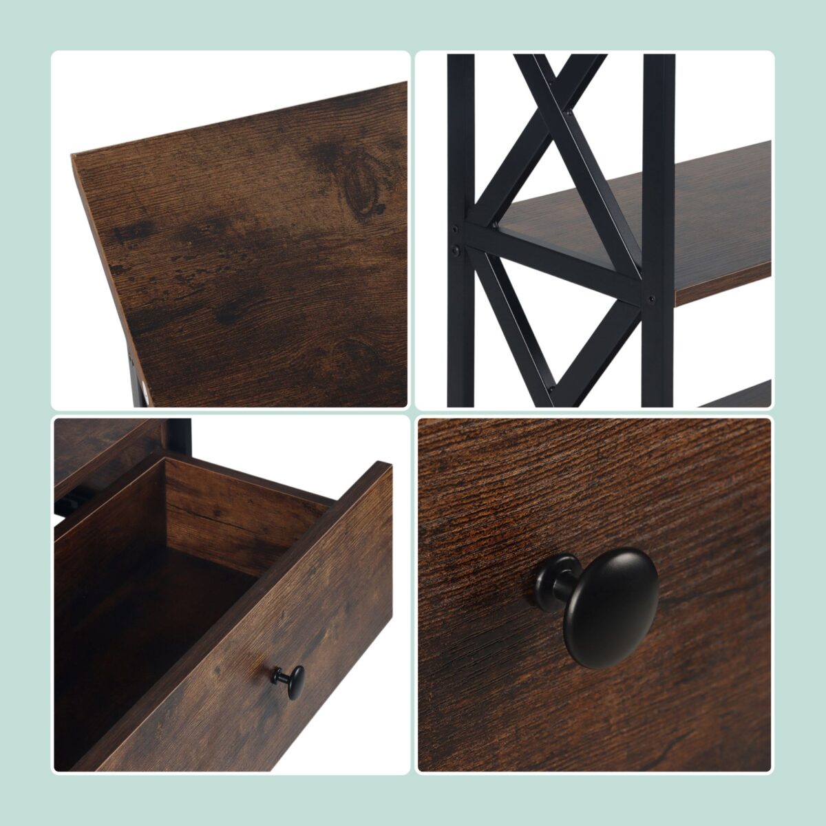 Masuta consola cu sertar si 3 rafturi – Design industrial cu cadru metalic negru si blat maro, 80 x 100 x 30 cm - imagine 8