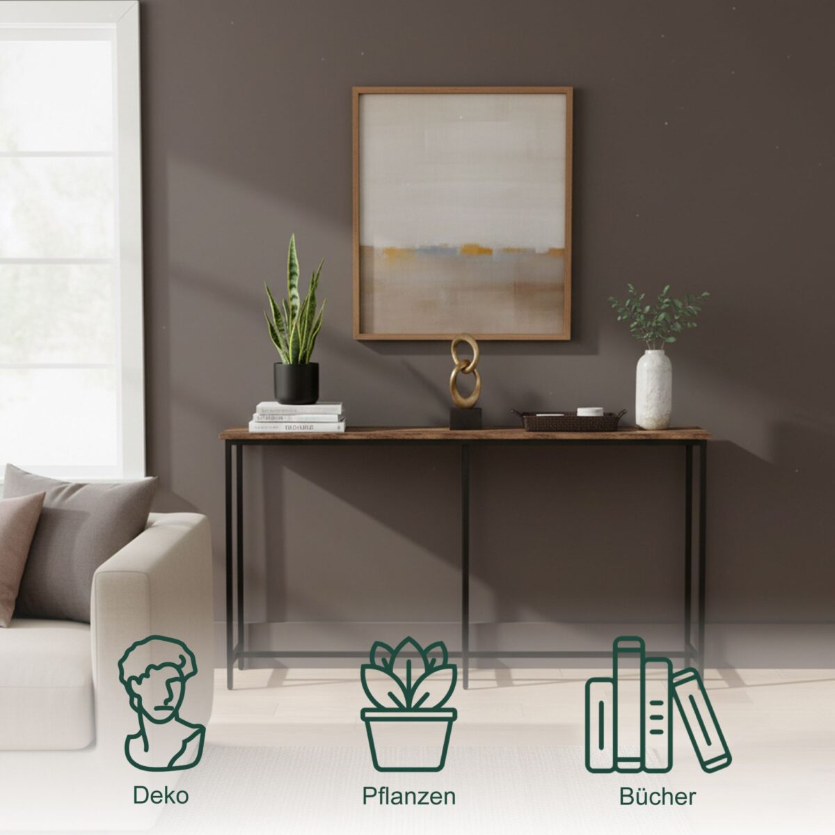 Masa consola lata 160 cm Design Industrial, blat maro si structura neagra, pentru hol, Relaxdays - imagine 2