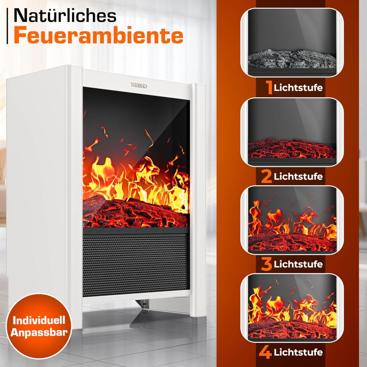 Semineu electric TRESKO 2000W flacari LED realiste, LCD Touch, WiFi, Aplicatie & Telecomanda – Caldura instant, 5 – 35°C, Alb - imagine 4