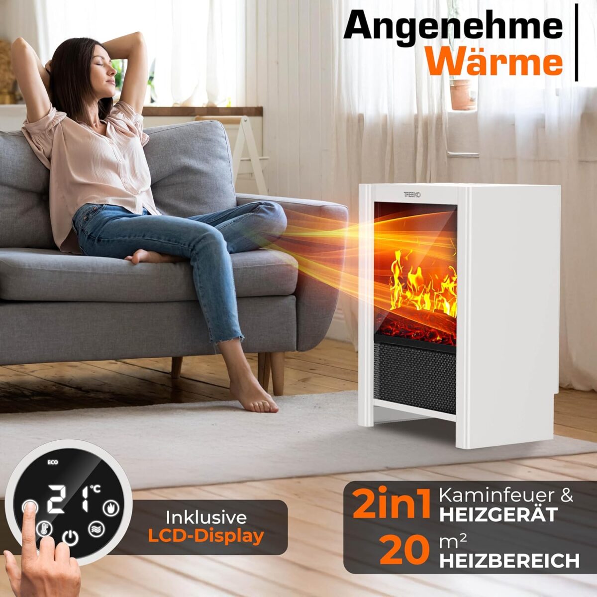Semineu electric TRESKO 2000W flacari LED realiste, LCD Touch, WiFi, Aplicatie & Telecomanda – Caldura instant, 5 – 35°C, Alb - imagine 6