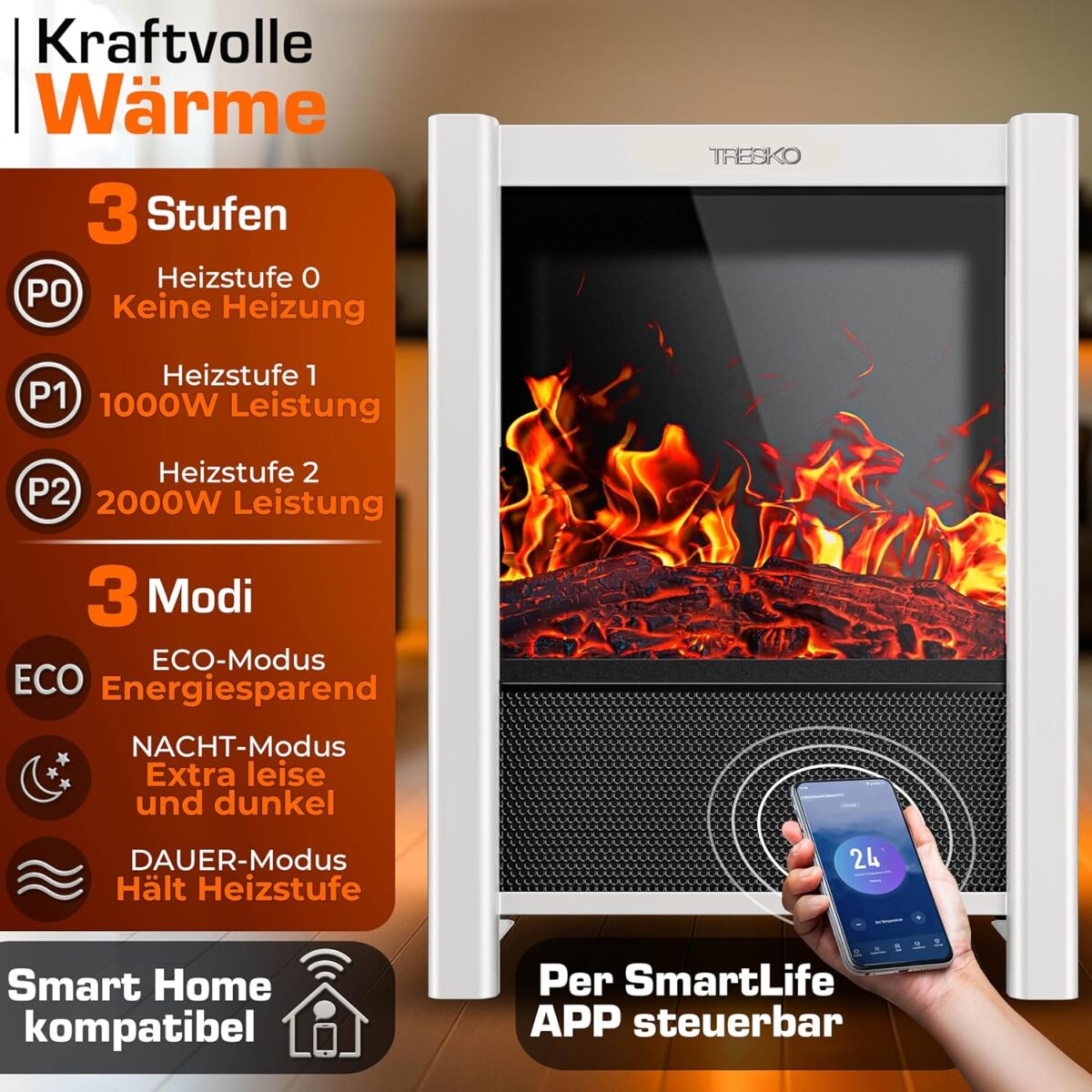 Semineu electric TRESKO 2000W flacari LED realiste, LCD Touch, WiFi, Aplicatie & Telecomanda – Caldura instant, 5 – 35°C, Alb - imagine 5