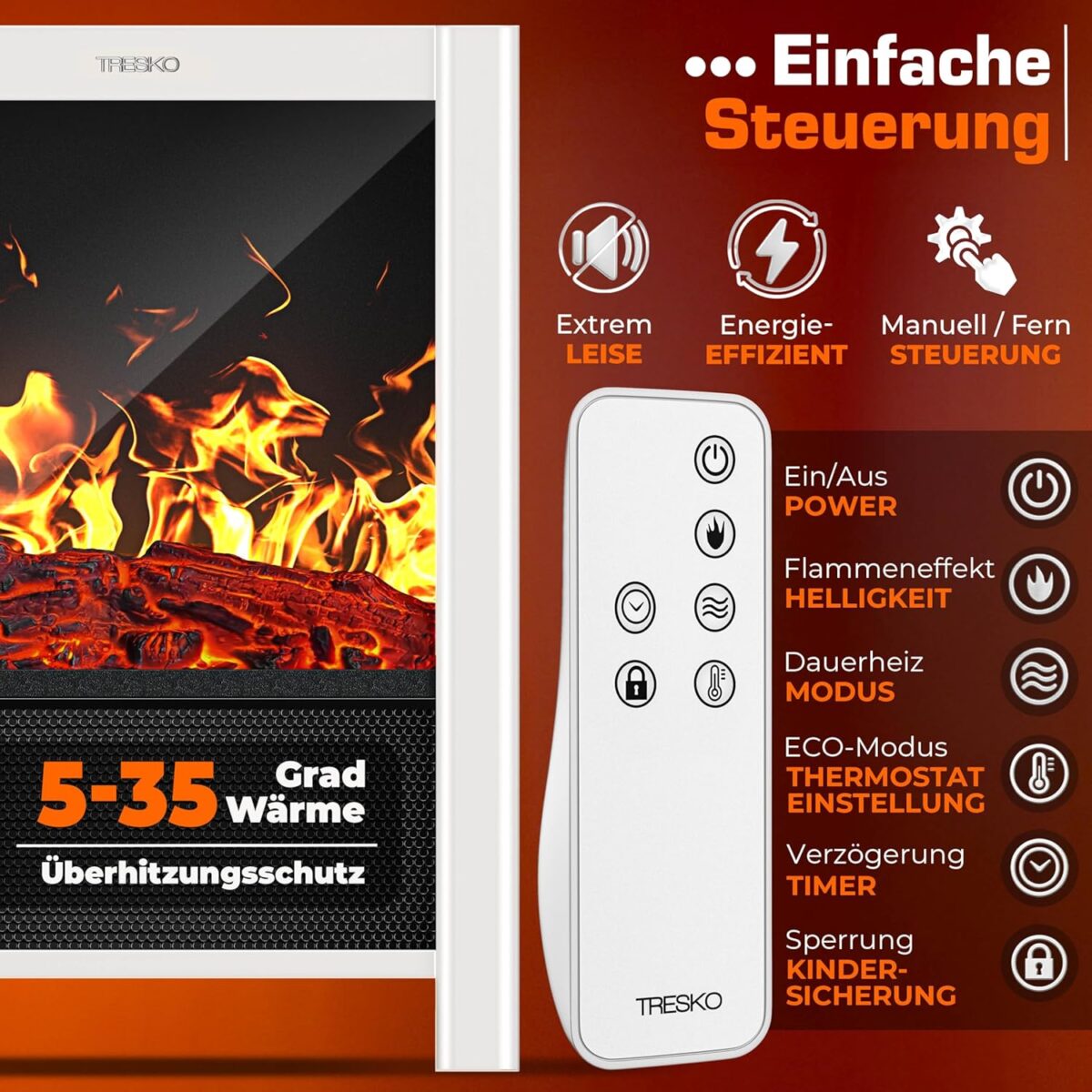 Semineu electric TRESKO 2000W flacari LED realiste, LCD Touch, WiFi, Aplicatie & Telecomanda – Caldura instant, 5 – 35°C, Alb - imagine 3
