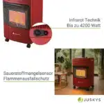 Incalzitor gaz 4.2 kW, Pliabil – 3 trepte, cu roti, exterior si interior, siguranta si placi ceramice, Rosu, Juskys - imagine 9