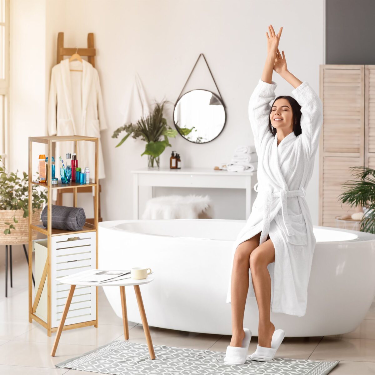 Dulap baie din bambus cu rafturi și coș pentru rufe, Relaxdays - imagine 9