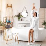 Dulap baie din bambus cu rafturi și coș pentru rufe, Relaxdays - imagine 9
