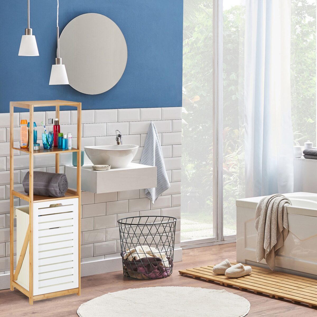 Dulap baie din bambus cu rafturi și coș pentru rufe, Relaxdays - imagine 2