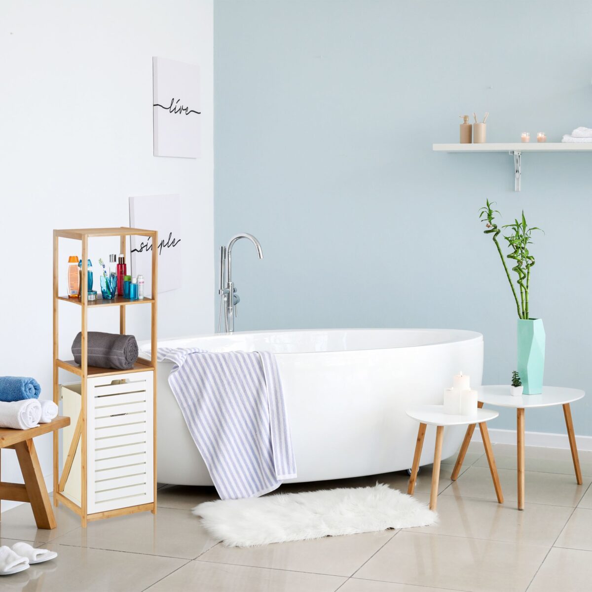Dulap baie din bambus cu rafturi și coș pentru rufe, Relaxdays - imagine 3