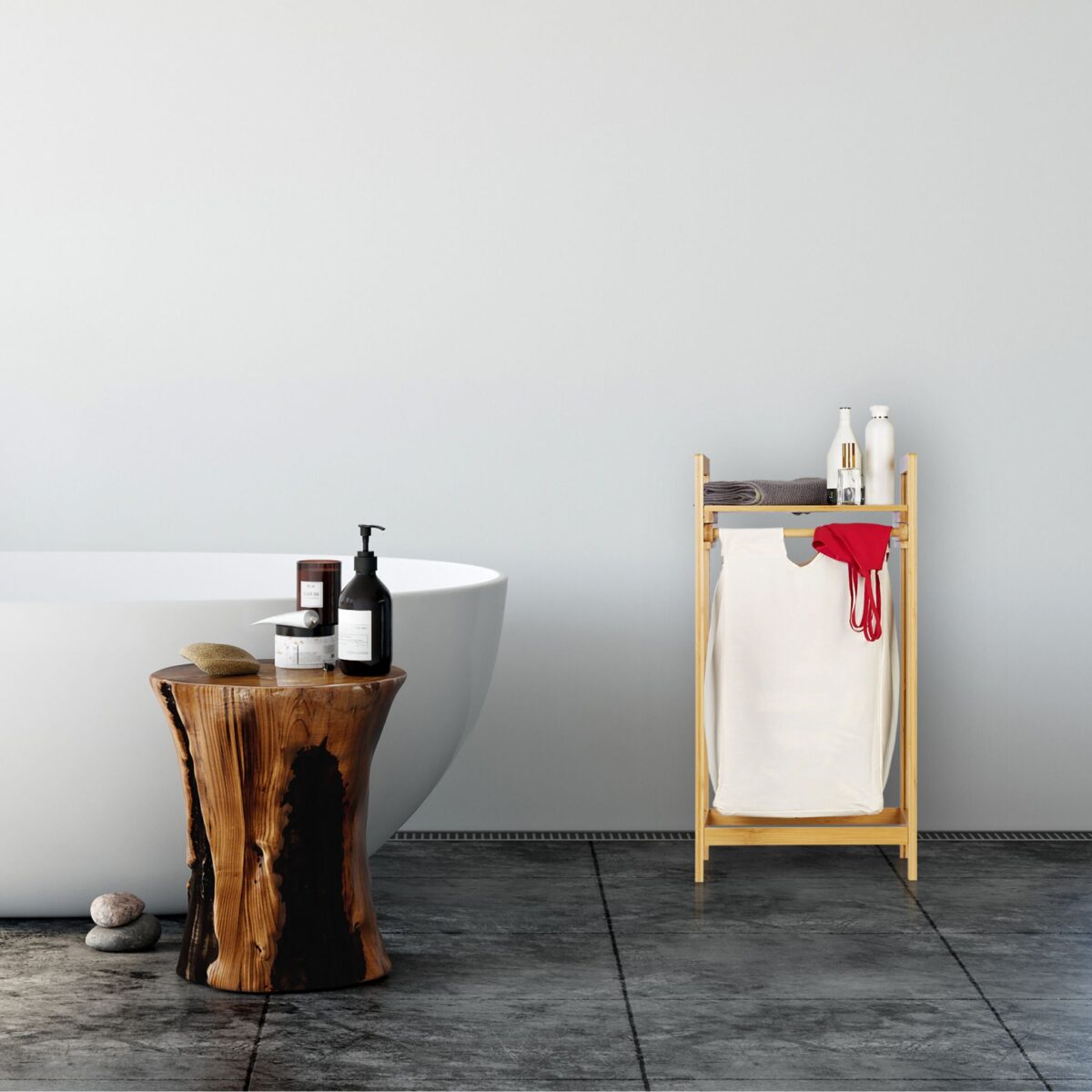 Cos de rufe cu raft din bambus, Alb, 73 x 37 x 33 cm, Relaxdays - imagine 2