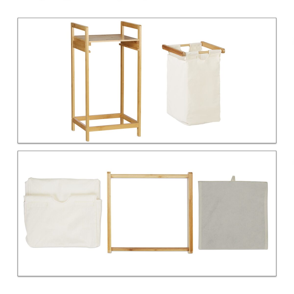 Cos de rufe cu raft din bambus, Alb, 73 x 37 x 33 cm, Relaxdays - imagine 8