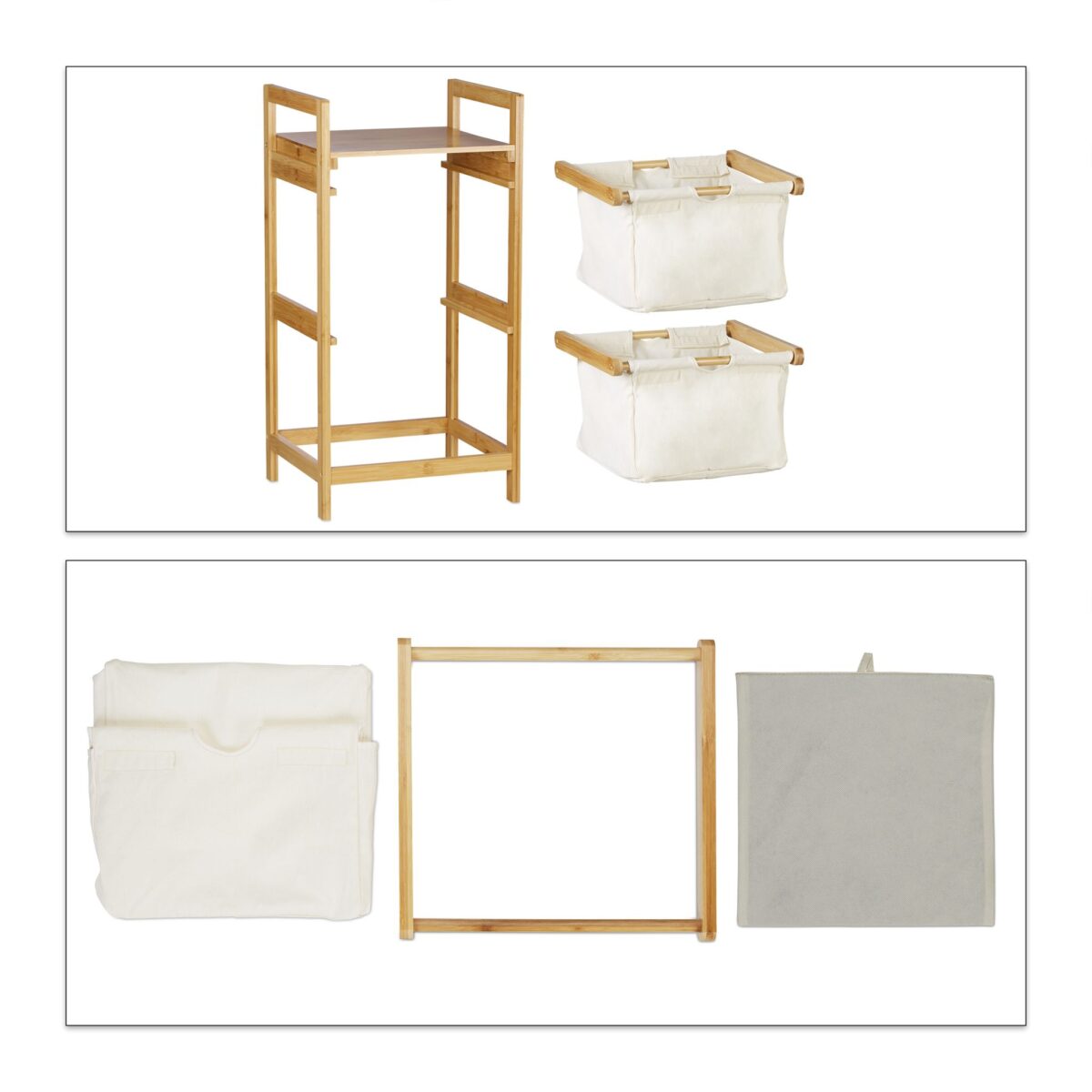 Raft din Bambus pentru baie cu 2 Cosuri de rufe, Alb, Relaxdays - imagine 8