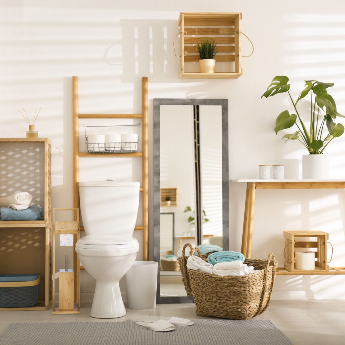 Suport hârtie igienică din bambus cu perie WC – design natural și elegant - imagine 4
