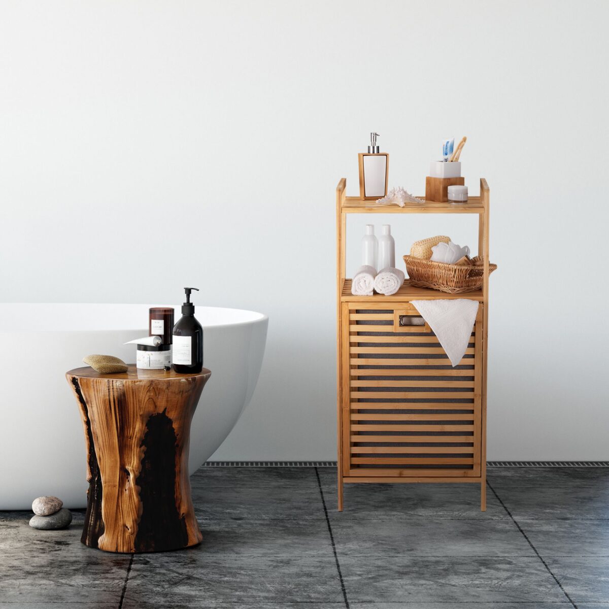 Raft de baie cu coș de rufe din Bambus, 96 x 44 x 33 cm, Relaxdays - imagine 2