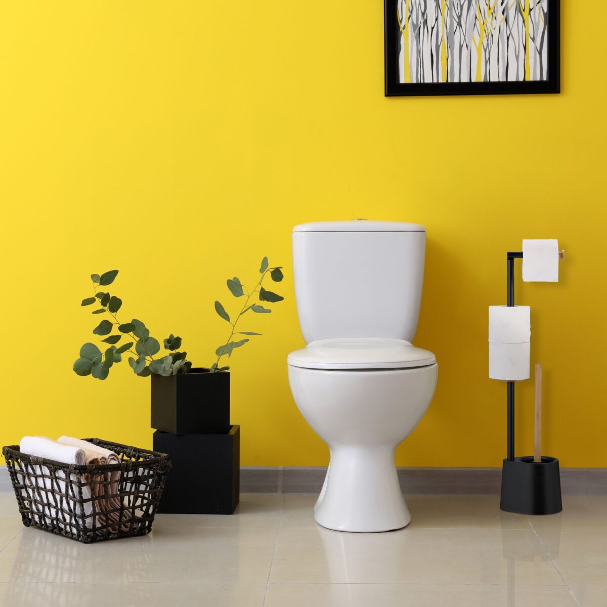 Suport hartie igienica cu perie de toaleta, Negru, otel/bambus, Relaxdays - imagine 2