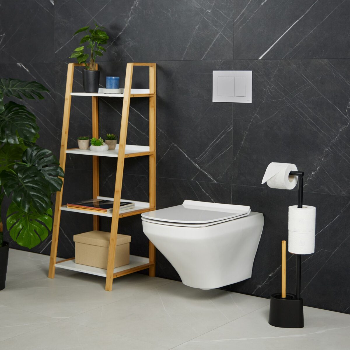 Suport hartie igienica cu perie de toaleta, Negru, otel/bambus, Relaxdays - imagine 3