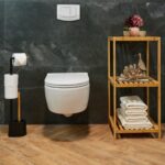 Suport hartie igienica cu perie de toaleta, Negru, otel/bambus, Relaxdays - imagine 4