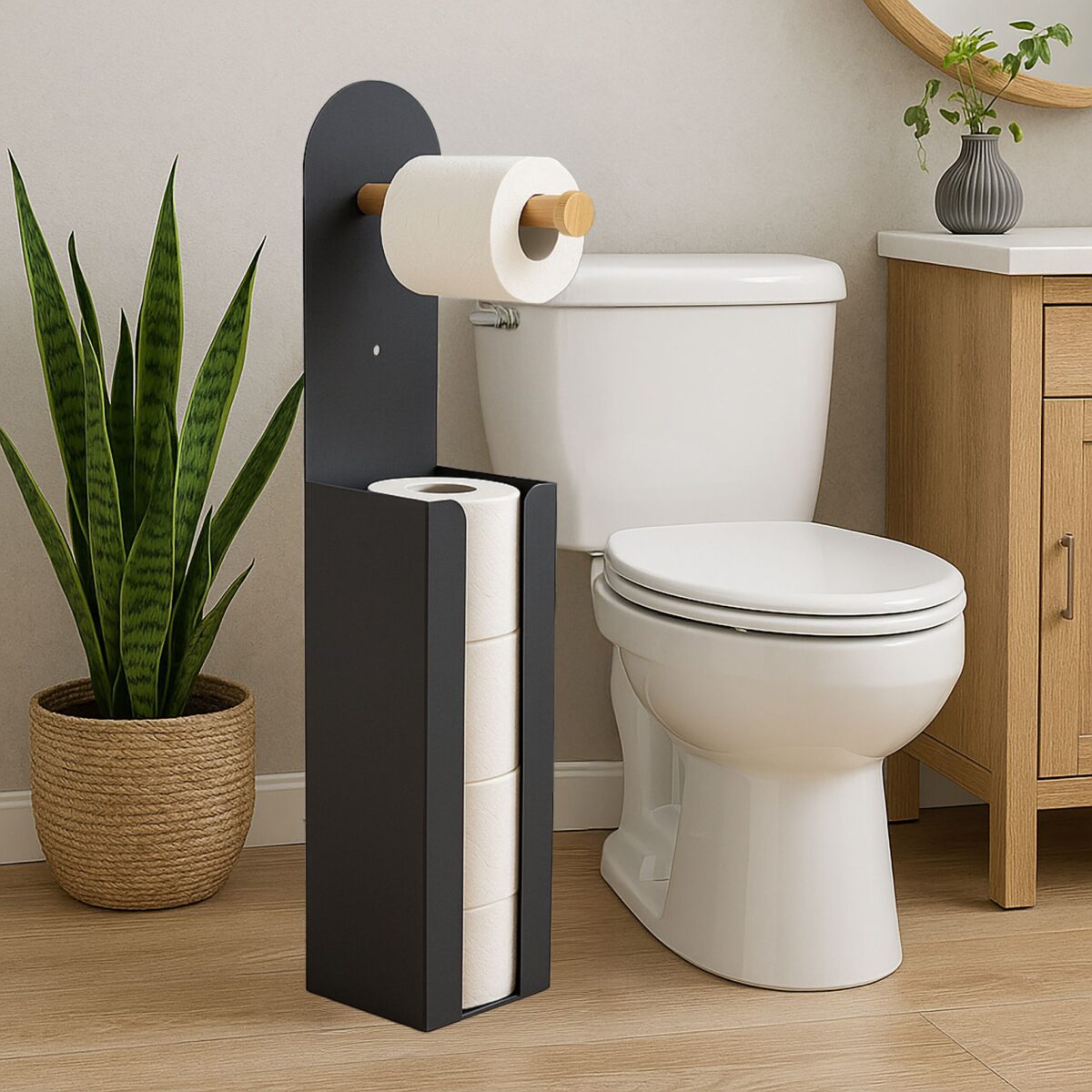 Suport hârtie igienică 2-în-1 din bambus și metal – modern și compact, Negru - imagine 2