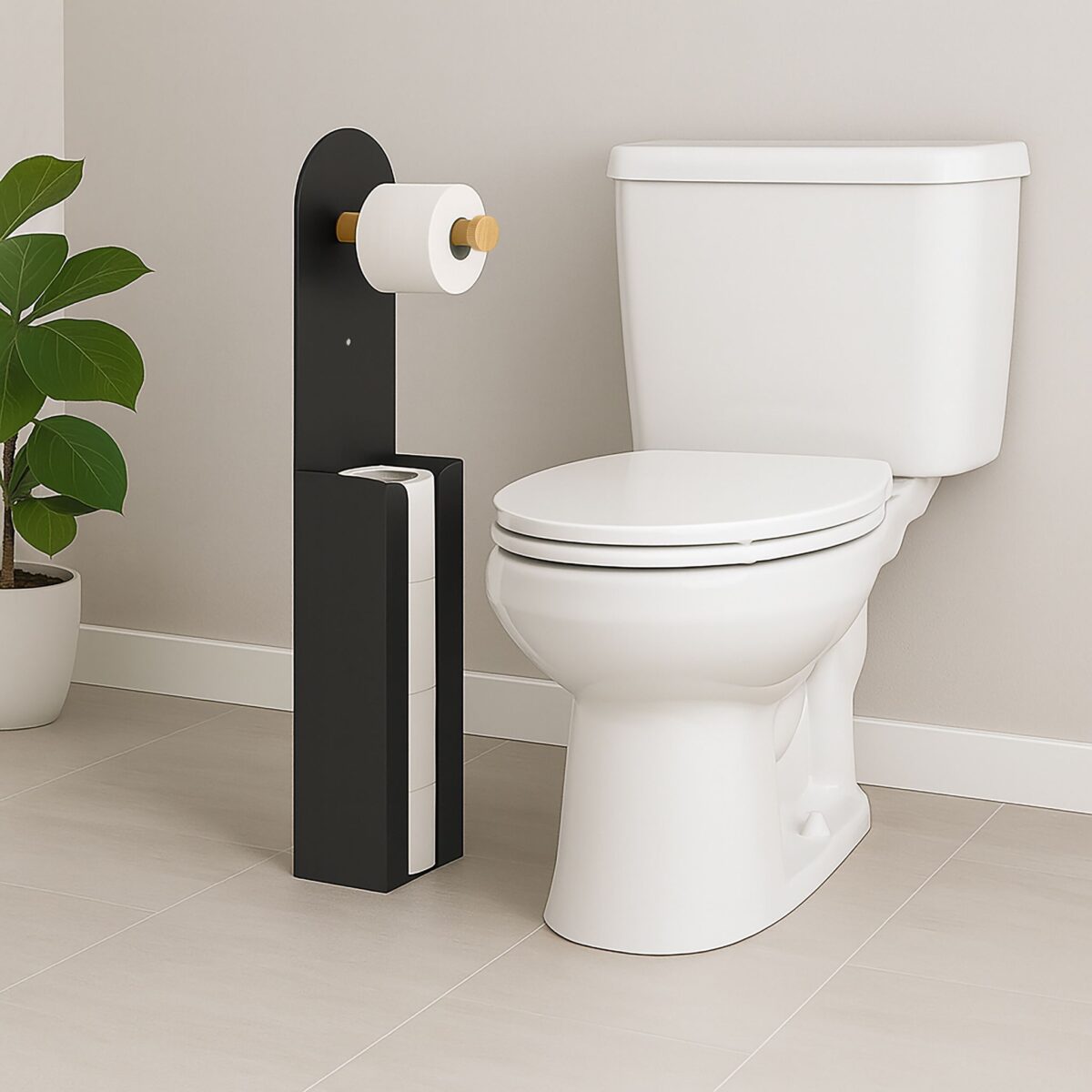 Suport hârtie igienică 2-în-1 din bambus și metal – modern și compact, Negru - imagine 3