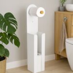 Suport hârtie igienică 2-în-1 din bambus și metal – modern și compact, ALB - imagine 3