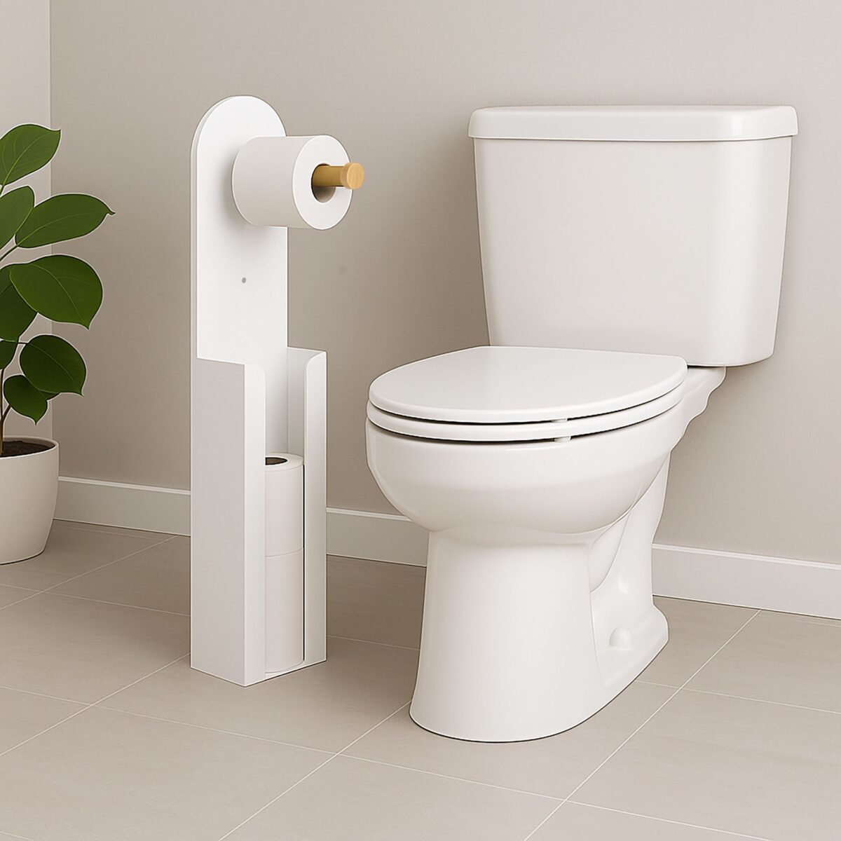 Suport hârtie igienică 2-în-1 din bambus și metal – modern și compact, ALB - imagine 2