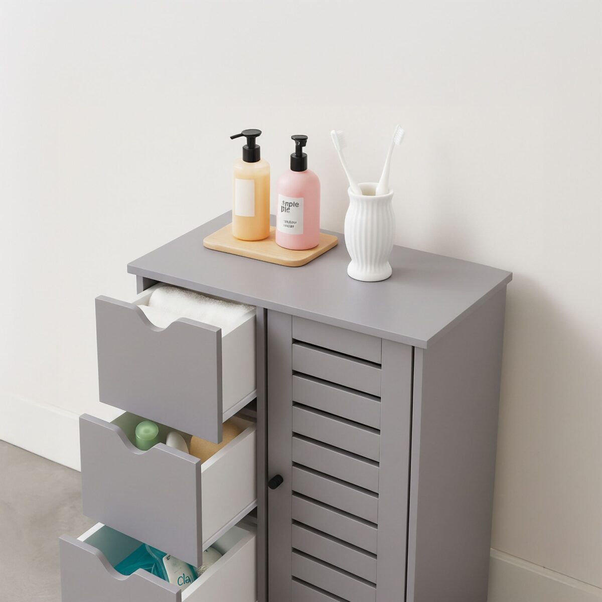 Dulap gri modern cu 3 sertare și ușă lamelară – design elegant pentru baie, hol sau dormitor - imagine 6