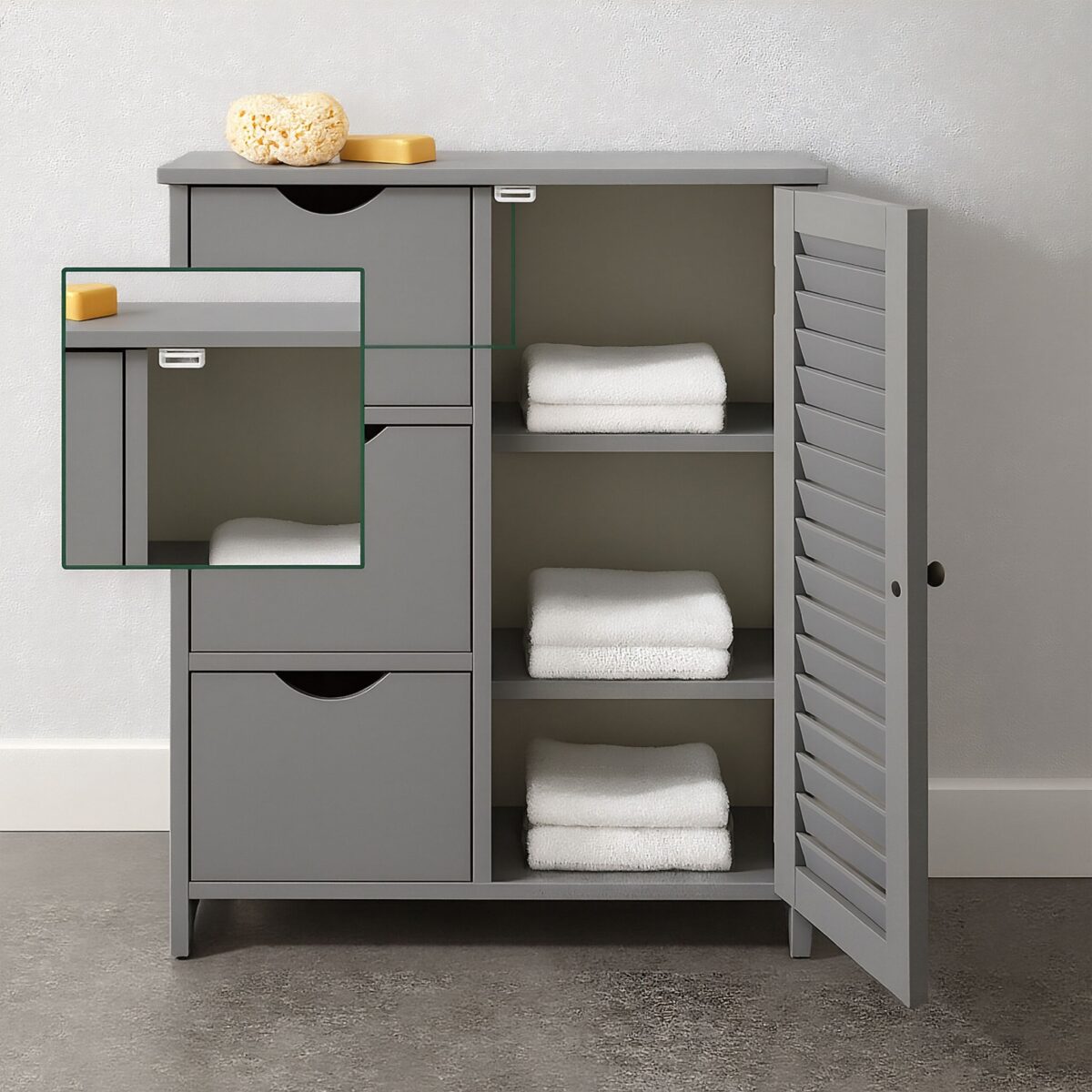 Dulap gri modern cu 3 sertare și ușă lamelară – design elegant pentru baie, hol sau dormitor - imagine 2