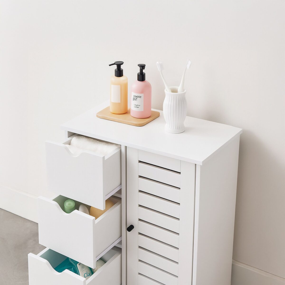 Dulap alb cu 3 sertare și ușă lamelară – design scandinav modern pentru baie și hol - imagine 7